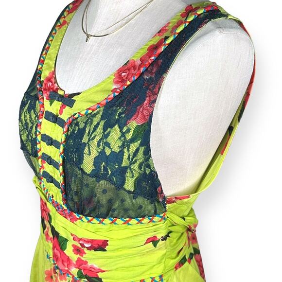 FREE PEOPLE Lace Trim Dainty Top Floral Green Chinese Cheongsam Qipao Inspired - Picture 3 of 9